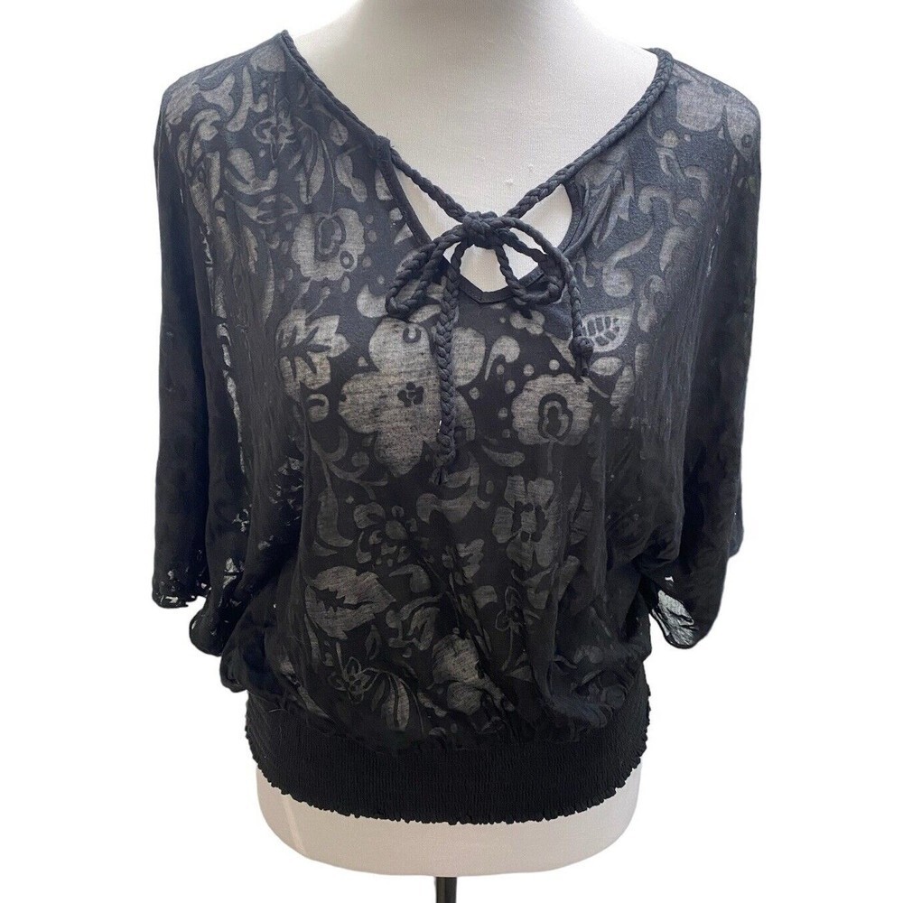 Express Witchy Burnout Bat Wing Sleeve Smock Waist Tie Front Black Knit Top S